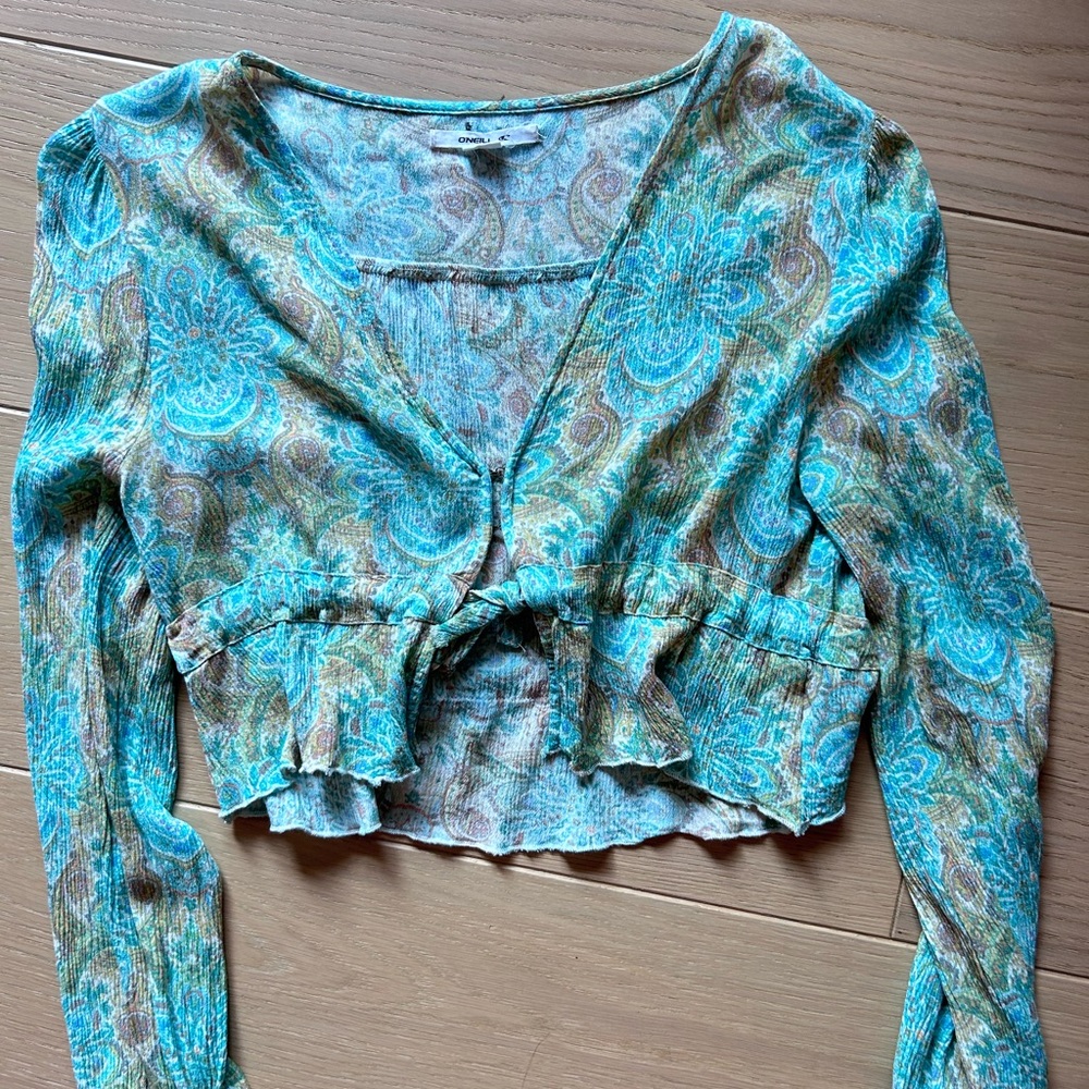 O'Neill Blue Ruched Tie Front Crop Blouse